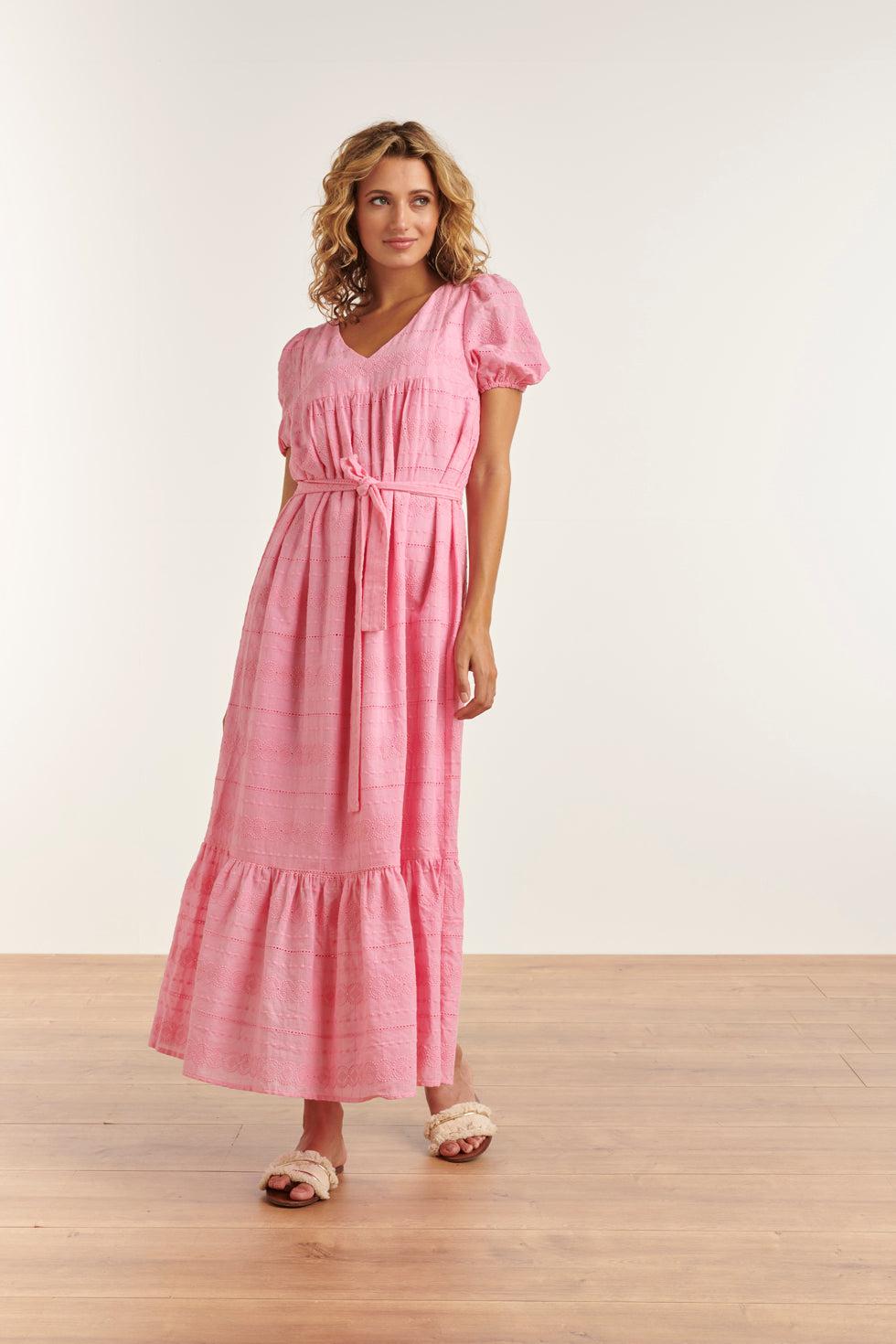23357-420 Zomerjurk Met V-Halskorte Pof Mouwen Van 100% Katoen | Pink