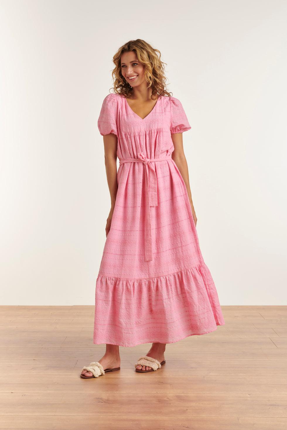 23357-420 Zomerjurk Met V-Halskorte Pof Mouwen Van 100% Katoen | Pink