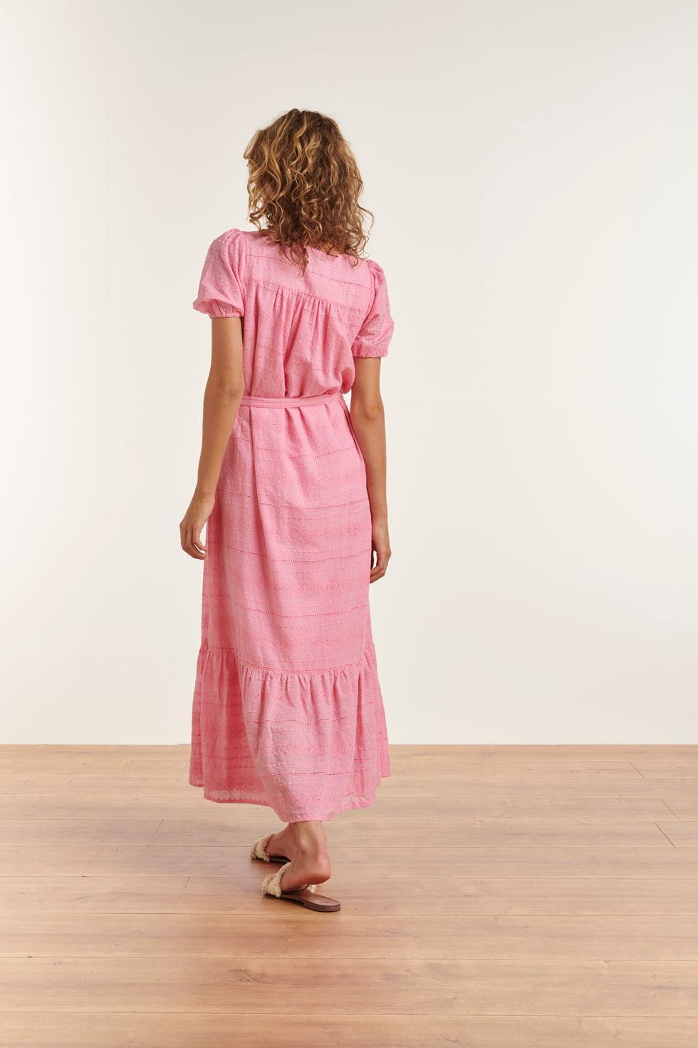 23357-420 Zomerjurk Met V-Halskorte Pof Mouwen Van 100% Katoen | Pink