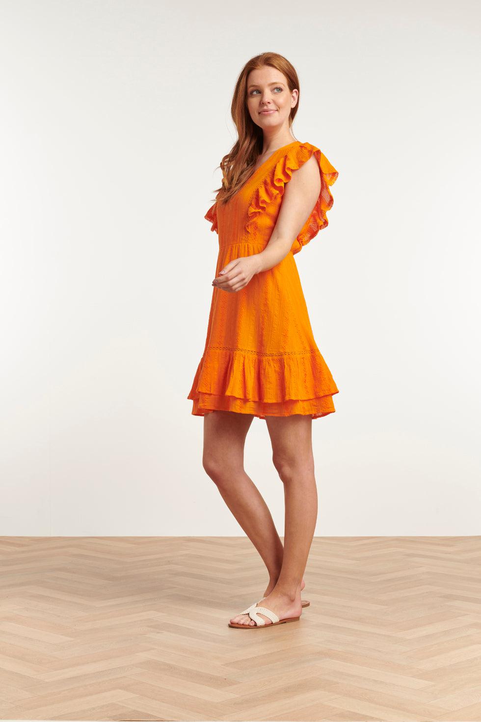 23372-250 Zomerjurk Met V-Halsruffle Mouwen | Orange