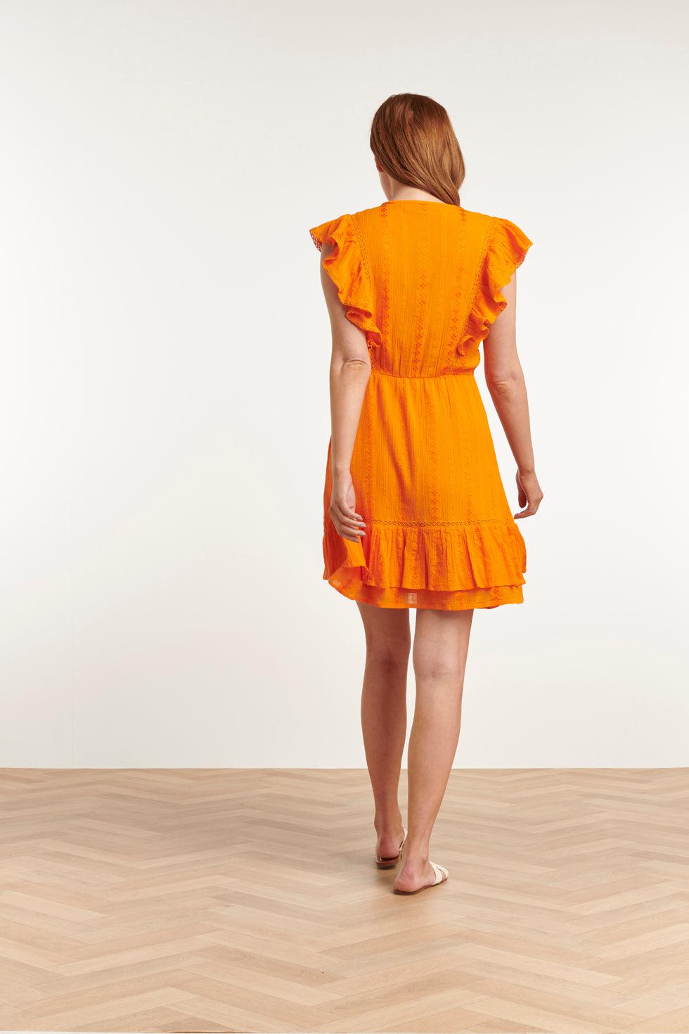 23372-250 Zomerjurk Met V-Halsruffle Mouwen | Orange