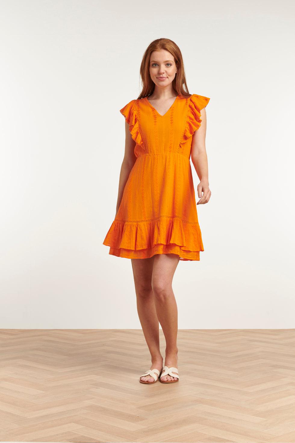 23372-250 Zomerjurk Met V-Halsruffle Mouwen | Orange