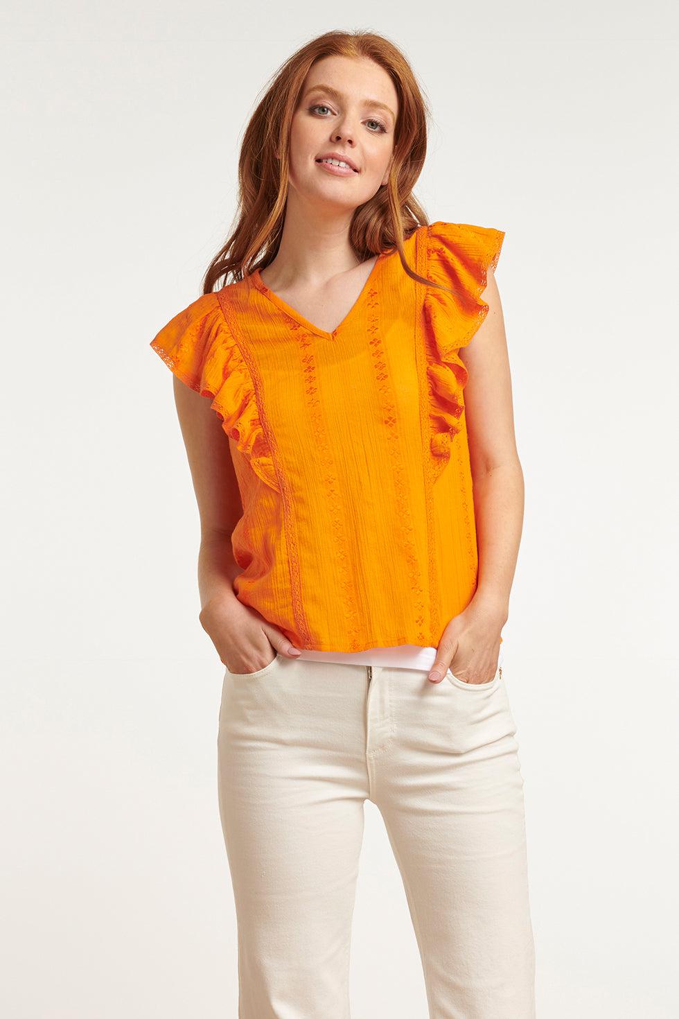 23373-250 Zomer Top Met Korte Ruffle Mouwenv-Hals Lijn | Orange