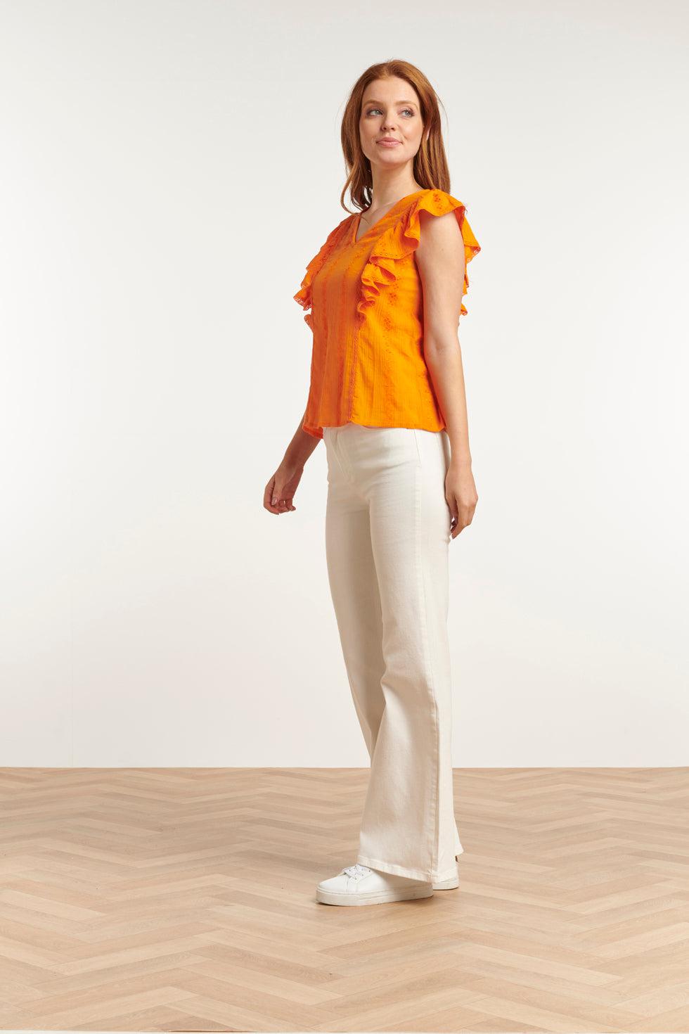 23373-250 Zomer Top Met Korte Ruffle Mouwenv-Hals Lijn | Orange