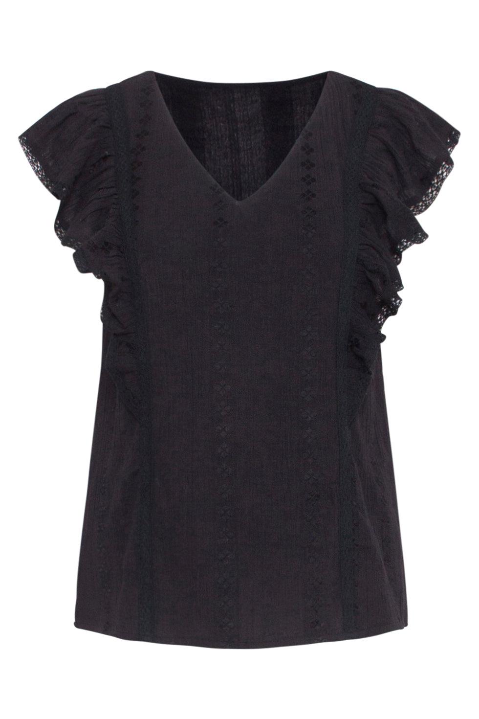 23373-999 Zomer Top Met Korte Ruffle Mouwenv-Hals Lijn | Black