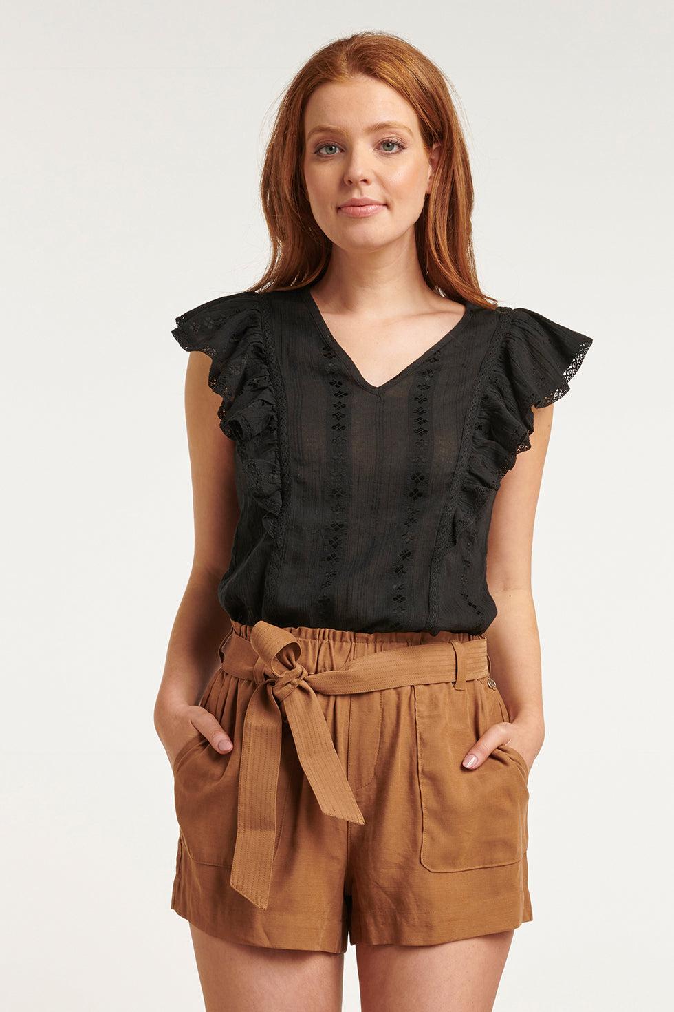 23373-999 Zomer Top Met Korte Ruffle Mouwenv-Hals Lijn | Black