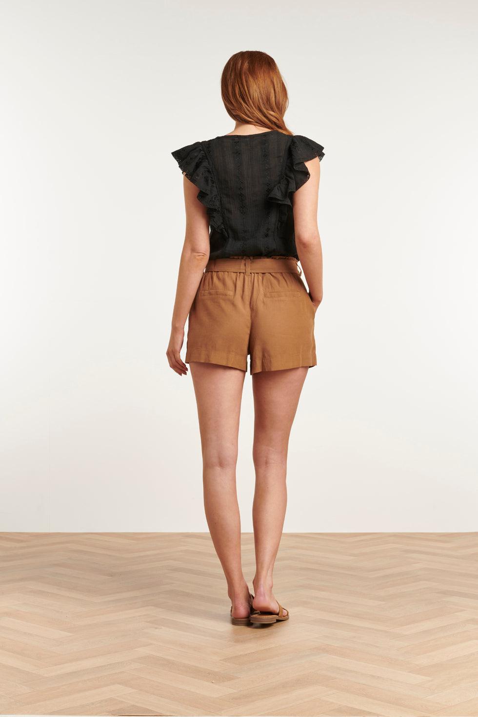 23373-999 Zomer Top Met Korte Ruffle Mouwenv-Hals Lijn | Black