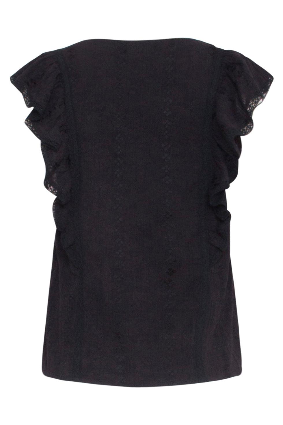 23373-999 Zomer Top Met Korte Ruffle Mouwenv-Hals Lijn | Black