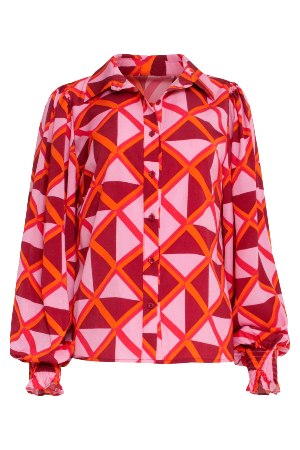 23501 Dames Blouse Met PofmouwenGrafische Print | Pink - Orange
