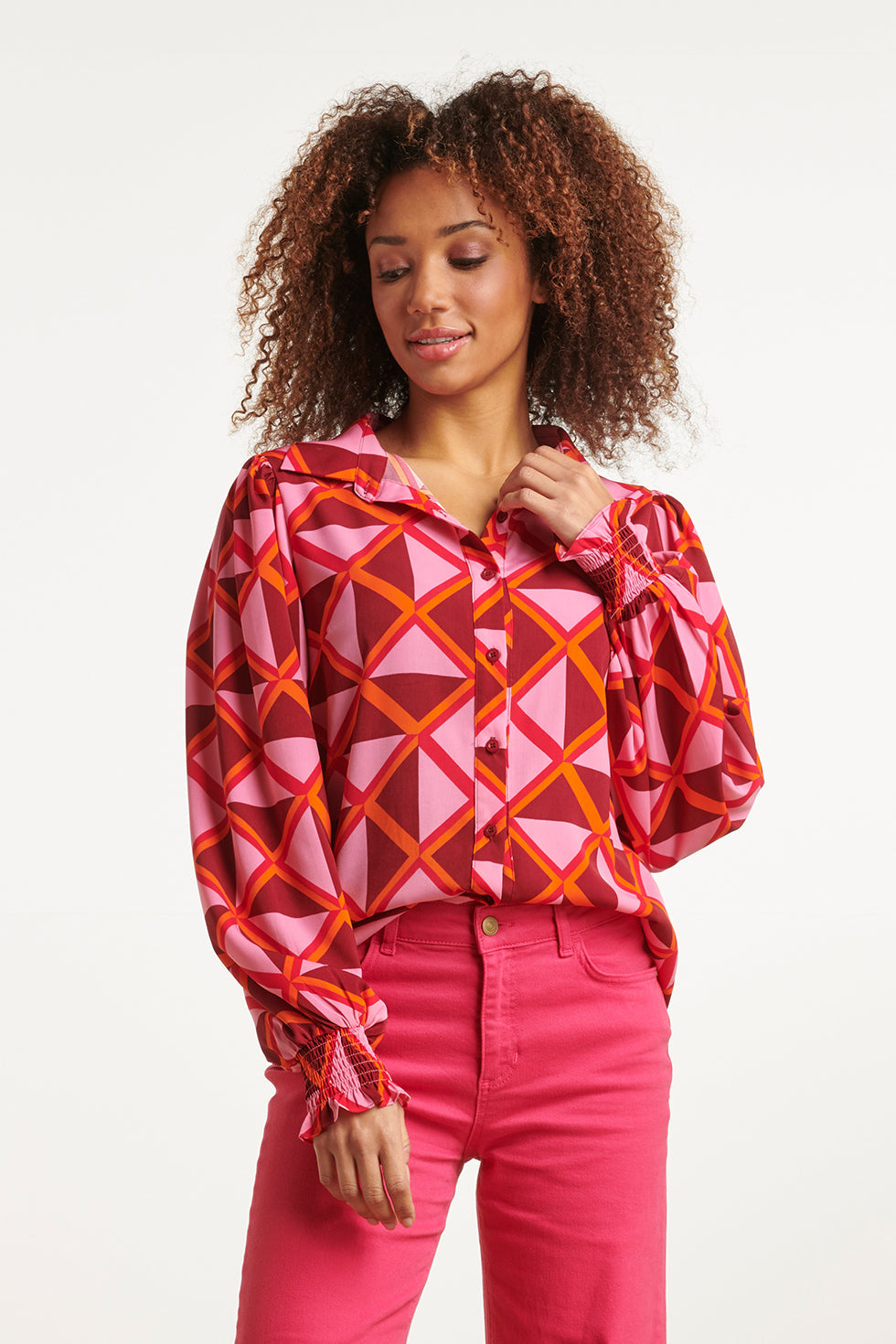 23501 Dames Blouse Met PofmouwenGrafische Print | Pink - Orange