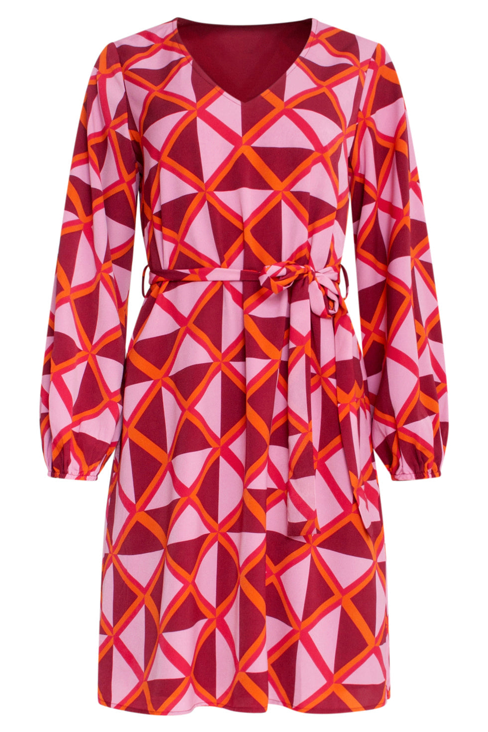 23502 - Dames Grafische Jurk Met V-Hals | Pink-Orange