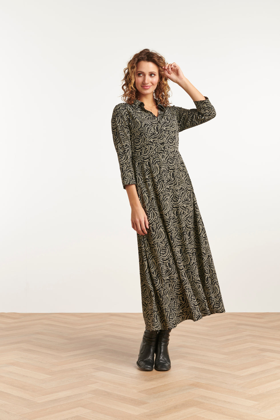 23507 Dames Semi Fitted Maxi Shirt Jurk | Black - Light Army
