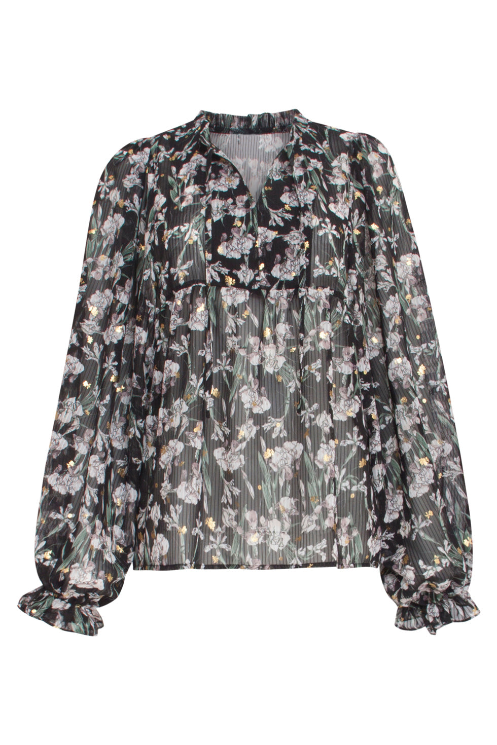23511 Dames Top Met Gerimpelde HalslijnBloemenprint Van Chiffon | Black - Army