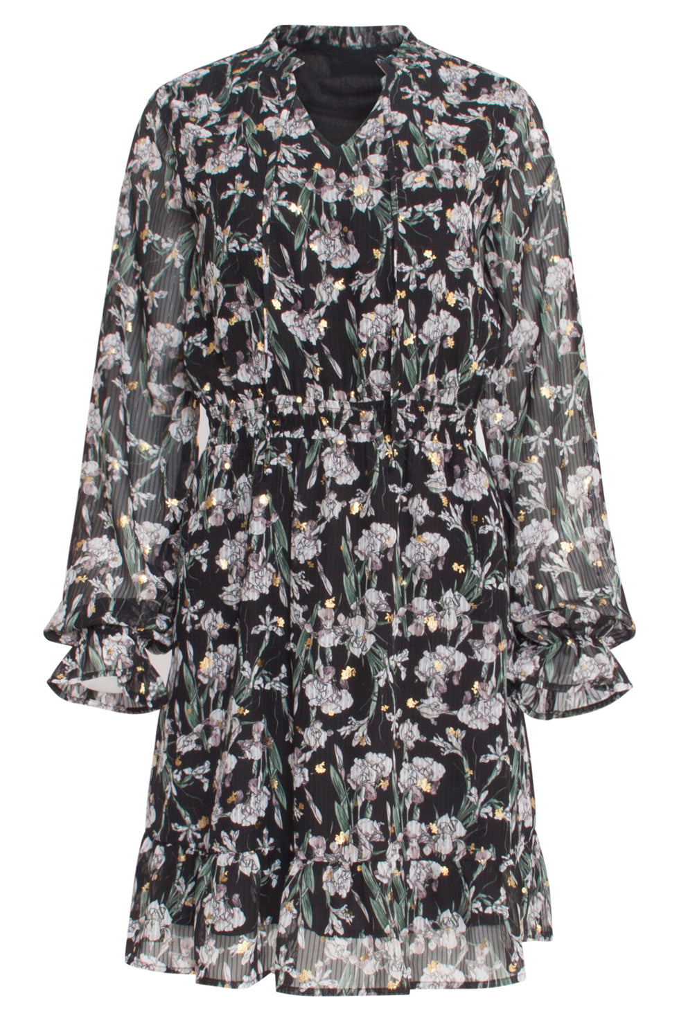 23512 Dames Midi Jurk Met Gerimpelde Halslijn Met Bloemenprint | Black - Army