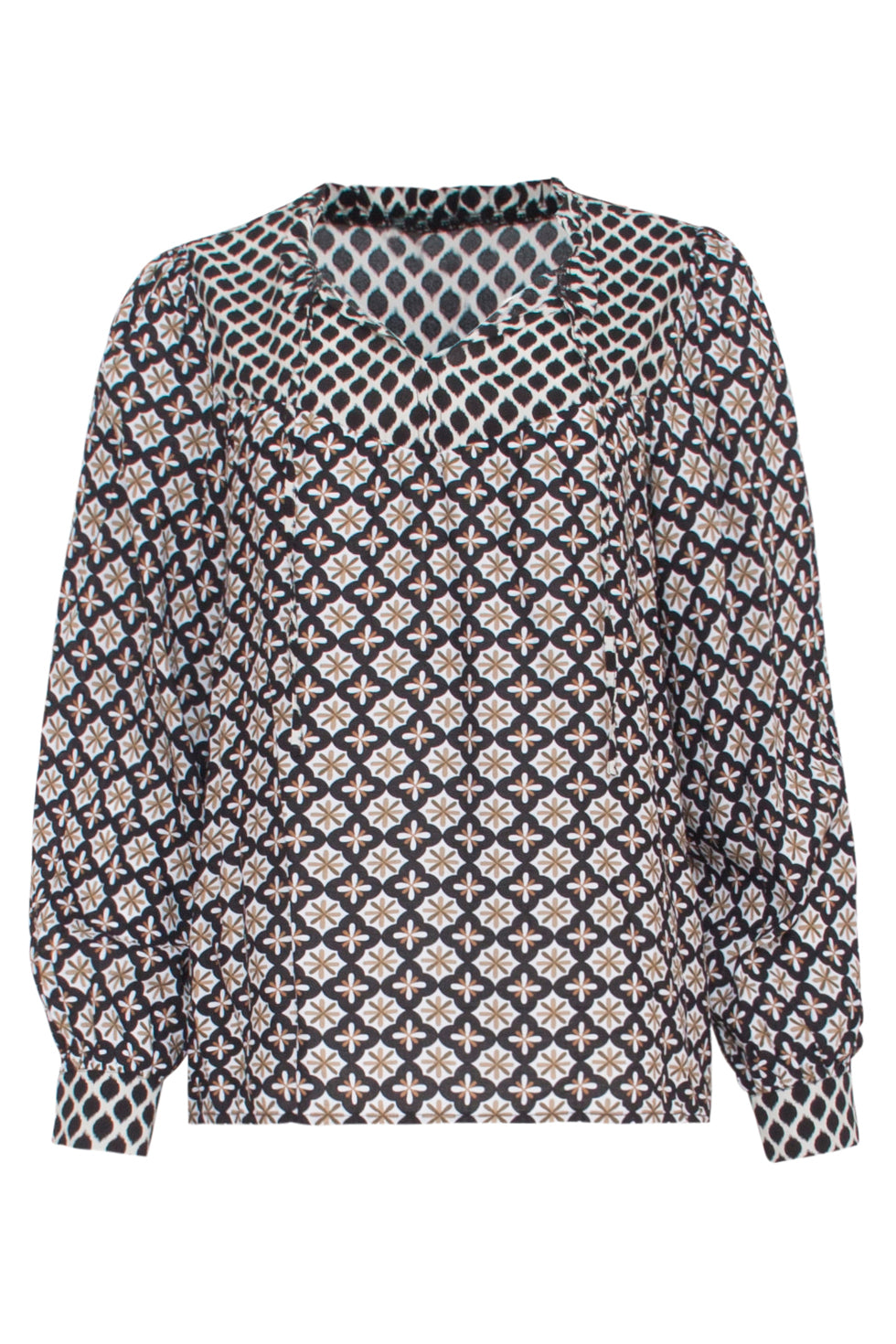 23521 Dames Losvallende Top Met Dubbele Sierprint | Black White - Muticolour