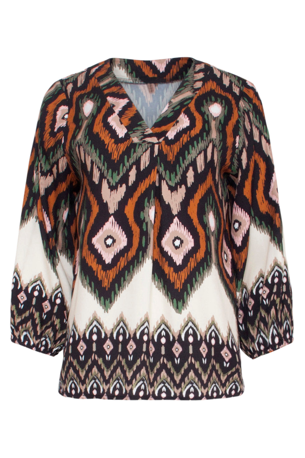 23528 Dames Klassieke V-Hals Top Met Opvallende Tribal Print | Black - Muticolour