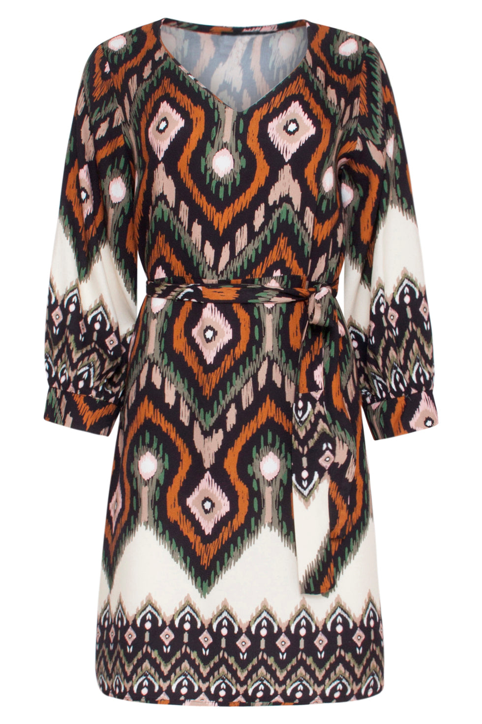 23529 Dames Klassieke V-Hals Jurk Met Riemopvallende Tribal Print | Blackwhite