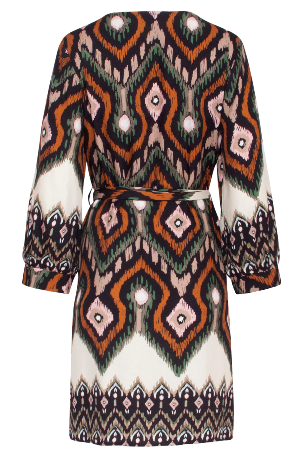 23529 Dames Klassieke V-Hals Jurk Met Riemopvallende Tribal Print | Blackwhite