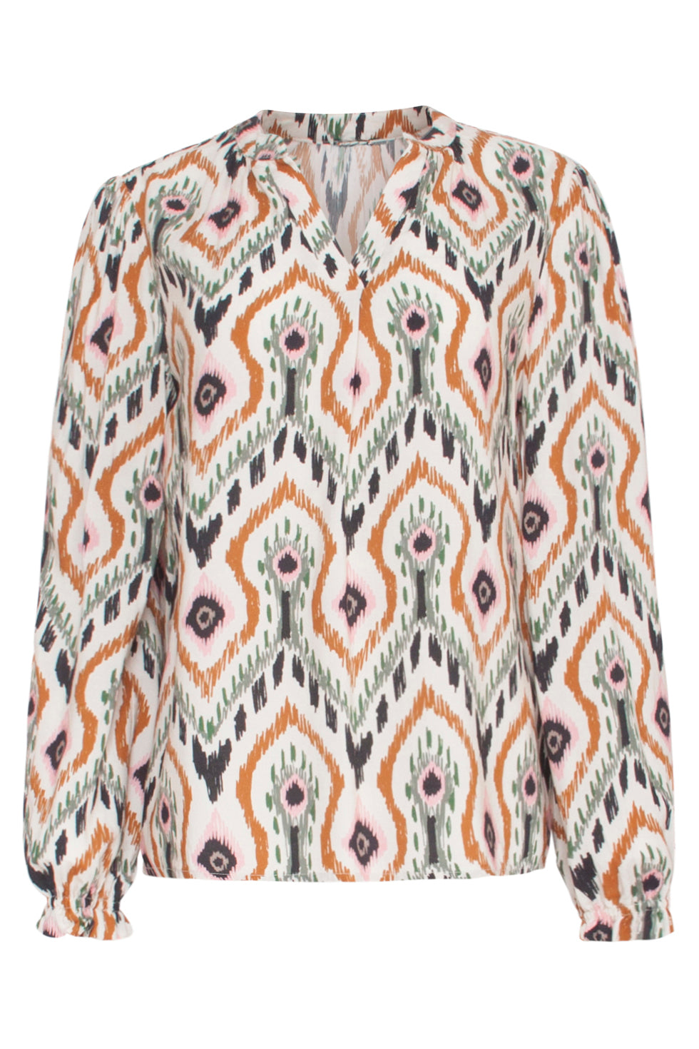 23530 Dames Chique V-Hals Top Met Neutrale Tribal Print | Off White - Muticolour