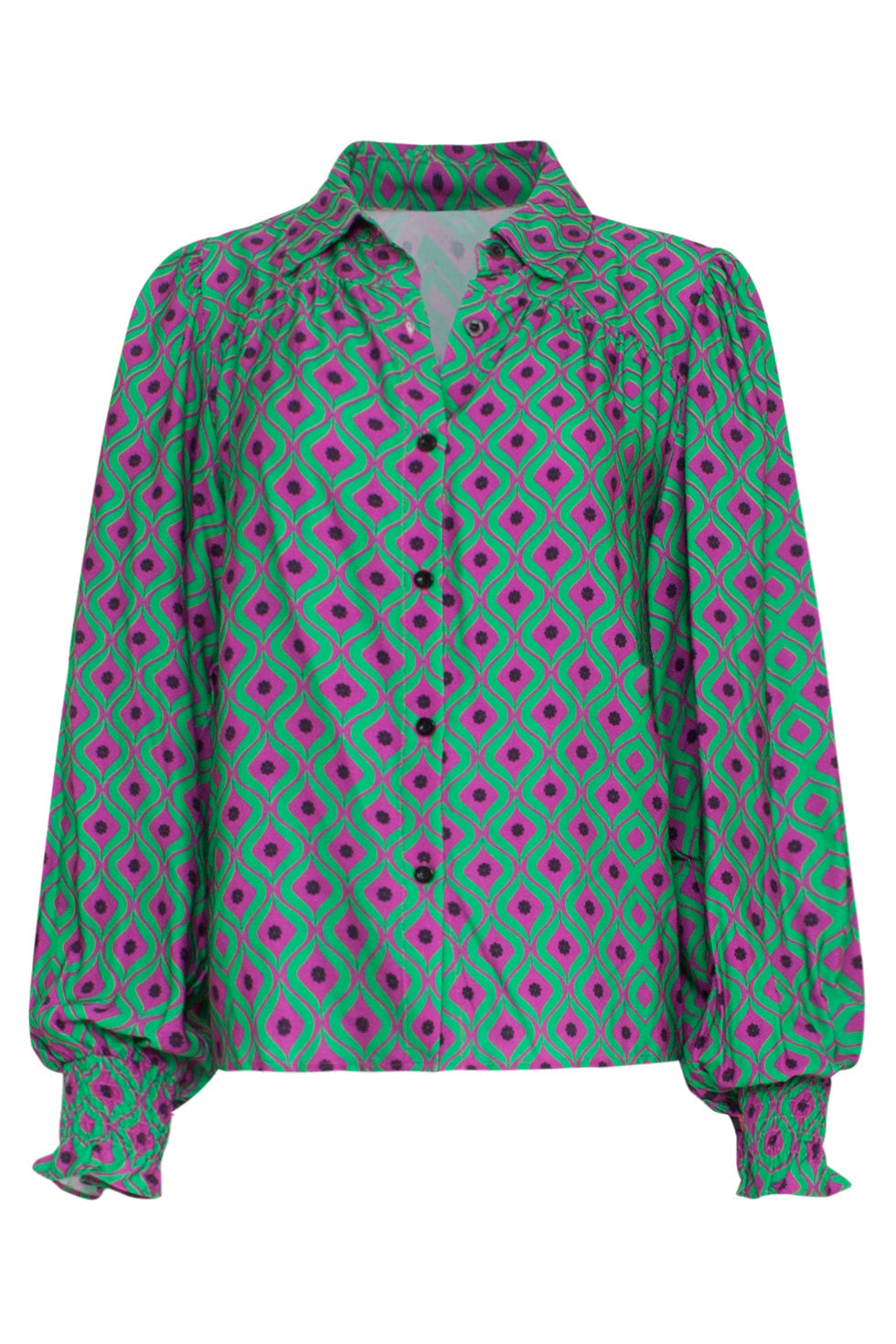 23535 Dames Doorknoopblouse Met PofmouwenAbstract Ornamenteel Print | Purple - Green