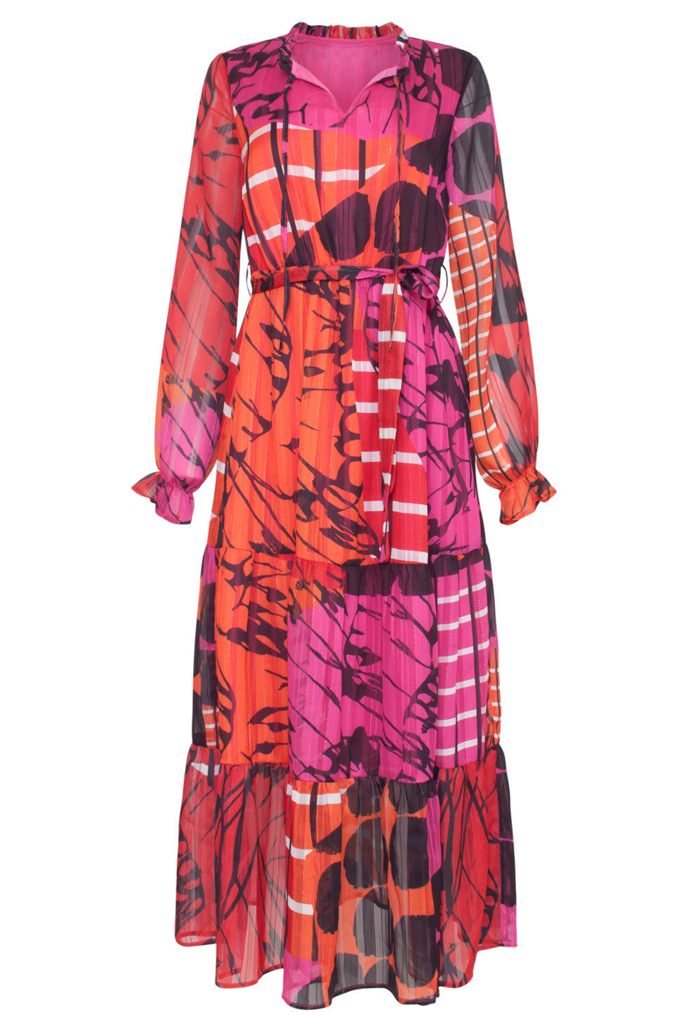 23537 Maxi Jurk Met Neklintenpofmouwen - Mix Match Abstract Print | Red-Pink