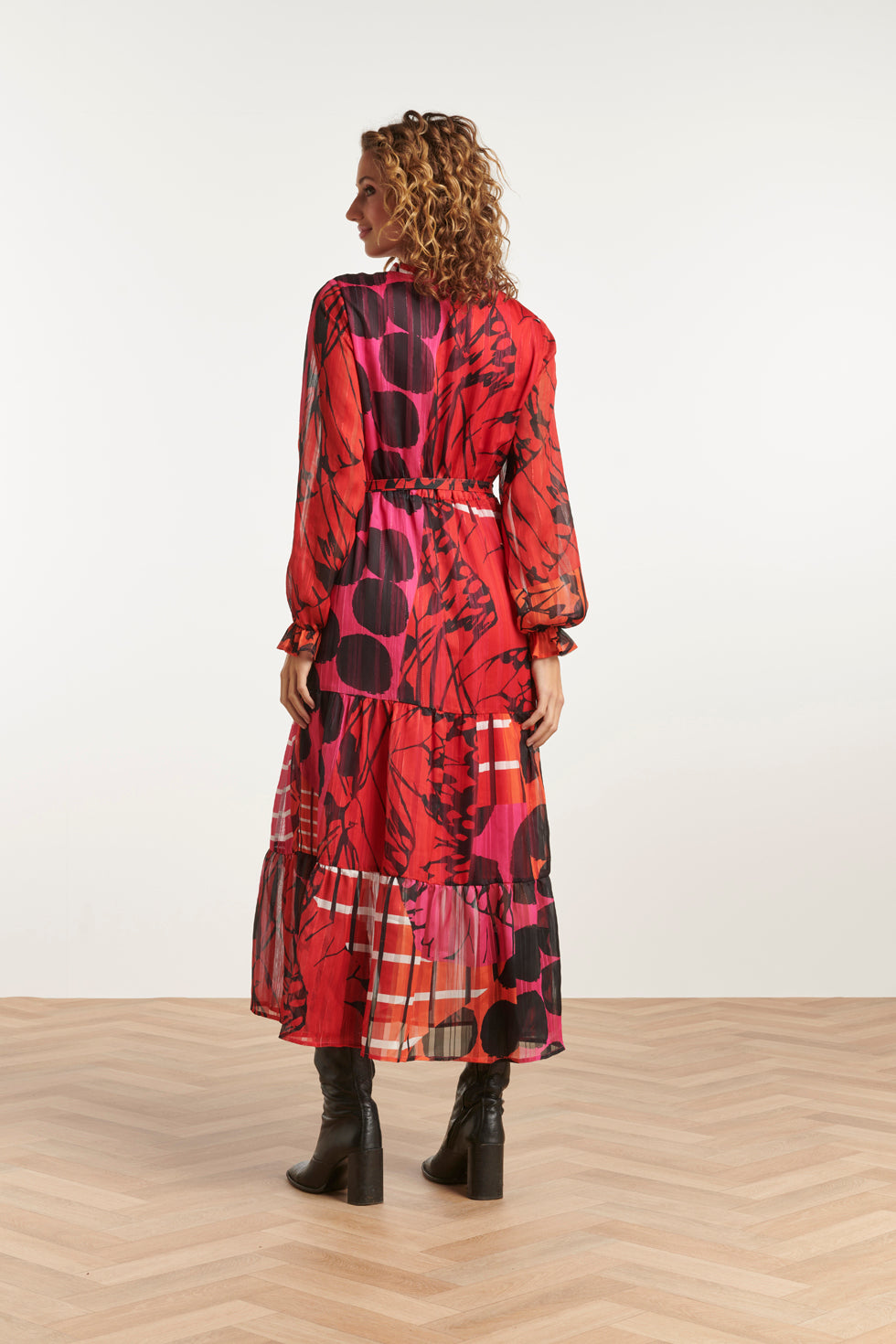 23537 Maxi Jurk Met Neklintenpofmouwen - Mix Match Abstract Print | Red-Pink