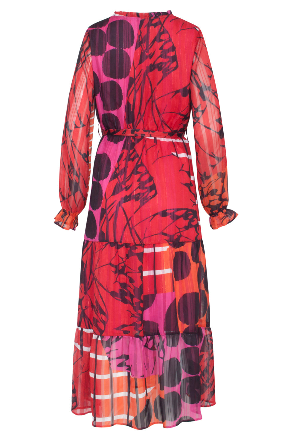 23537 Maxi Jurk Met Neklintenpofmouwen - Mix Match Abstract Print | Red-Pink