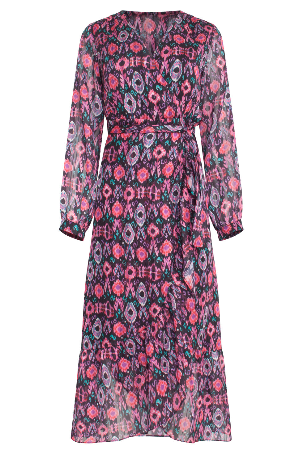 23539 Chiffon Flowy Maxi Jurk Met Riem Met Ornament Print | Blackwhite