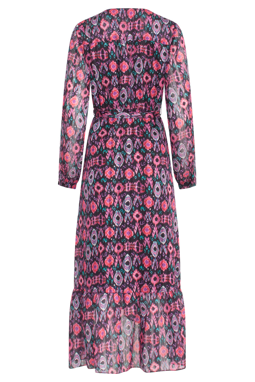 23539 Chiffon Flowy Maxi Jurk Met Riem Met Ornament Print | Blackwhite