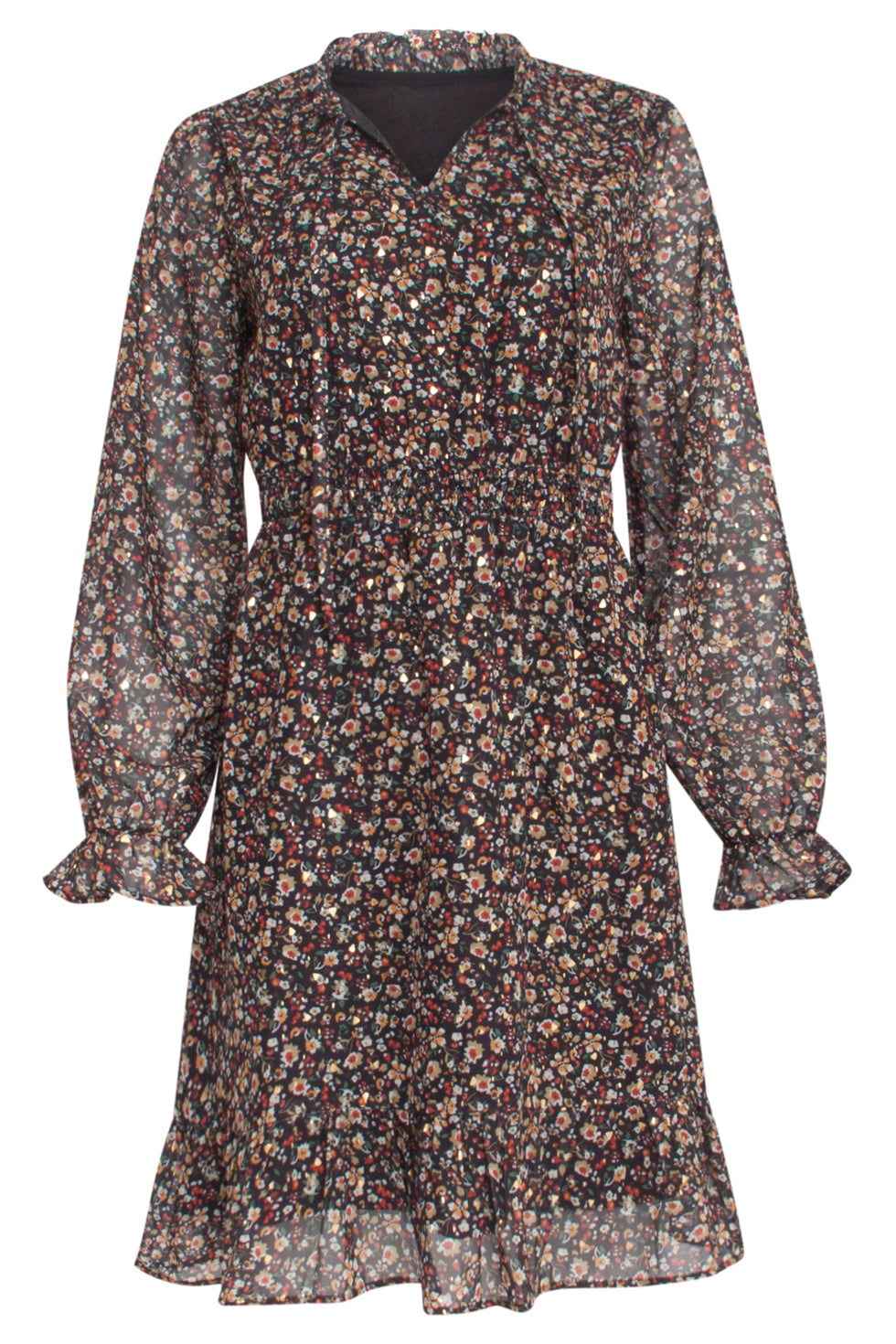 23540 Chiffon Jurk Met e Ditsy Bloemenprint | Black - Muticolour