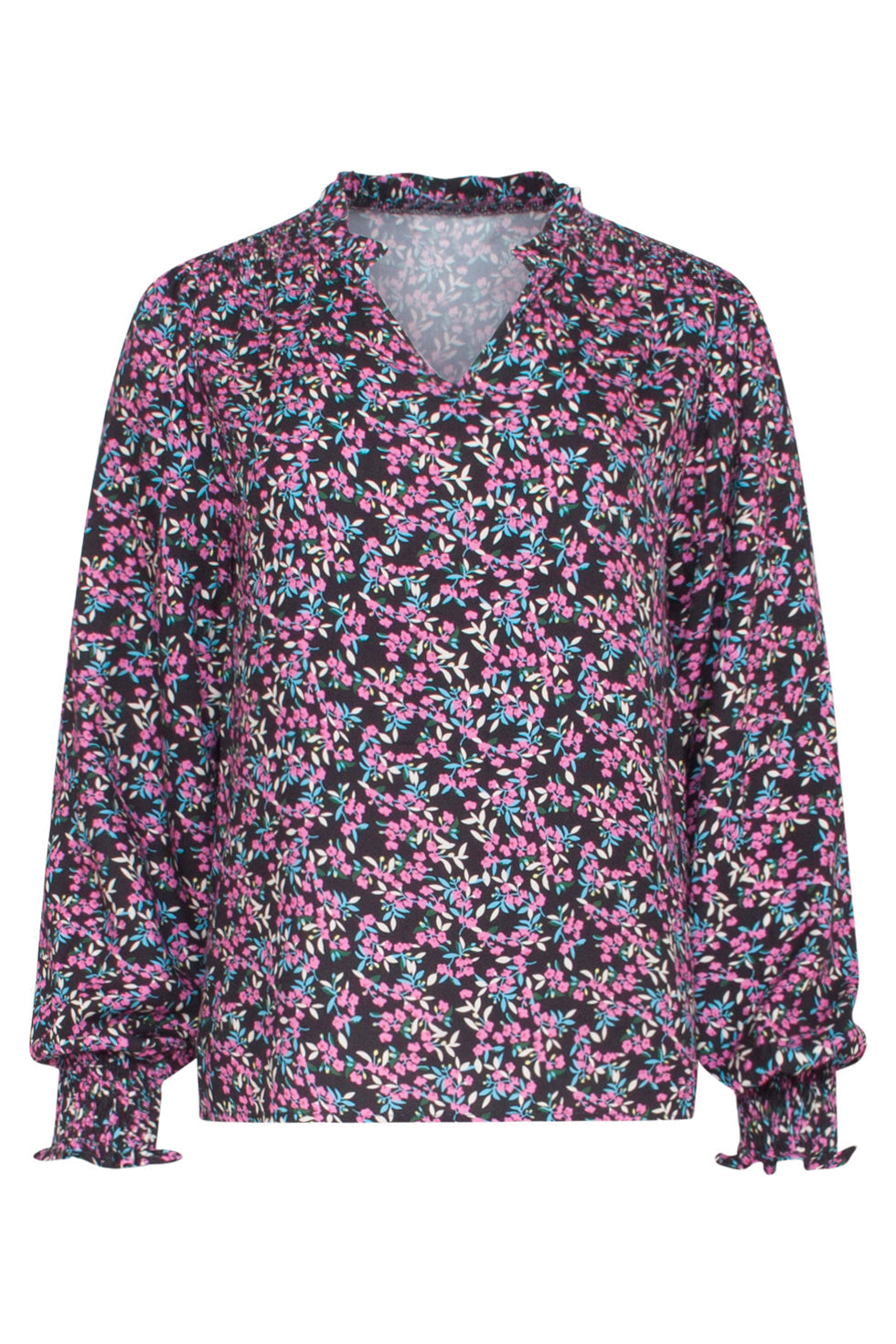 23542 Ruffled V-Hals Top Met Smock Manchetten | Black - Pink