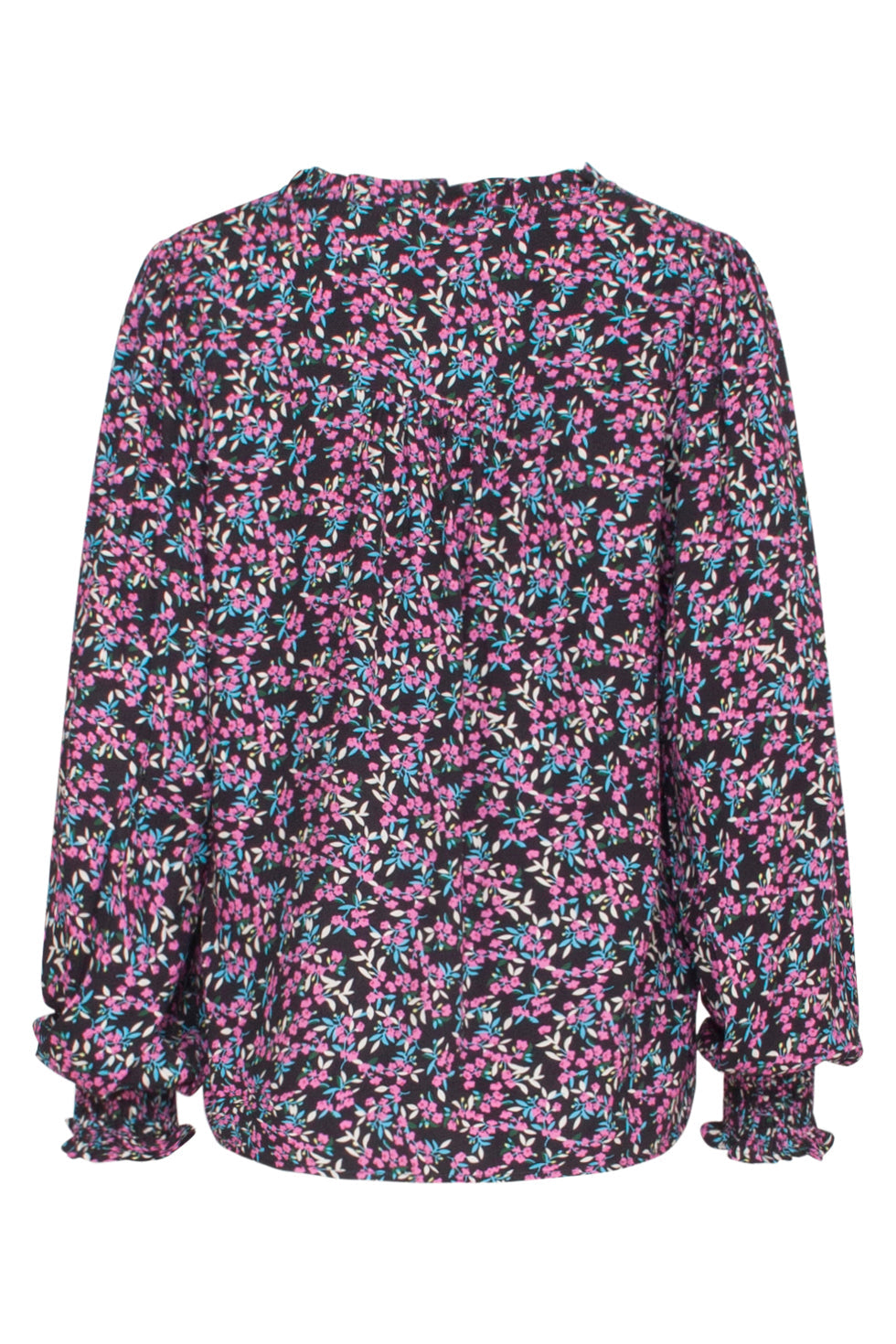 23542 Ruffled V-Hals Top Met Smock Manchetten | Black - Pink