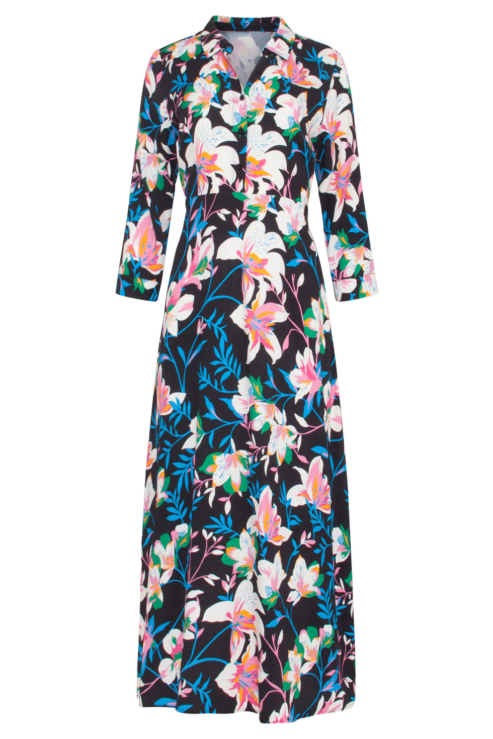 23547 Flared Maxi Jurk Met Heldere Bloemenprint | Black - Muticolour