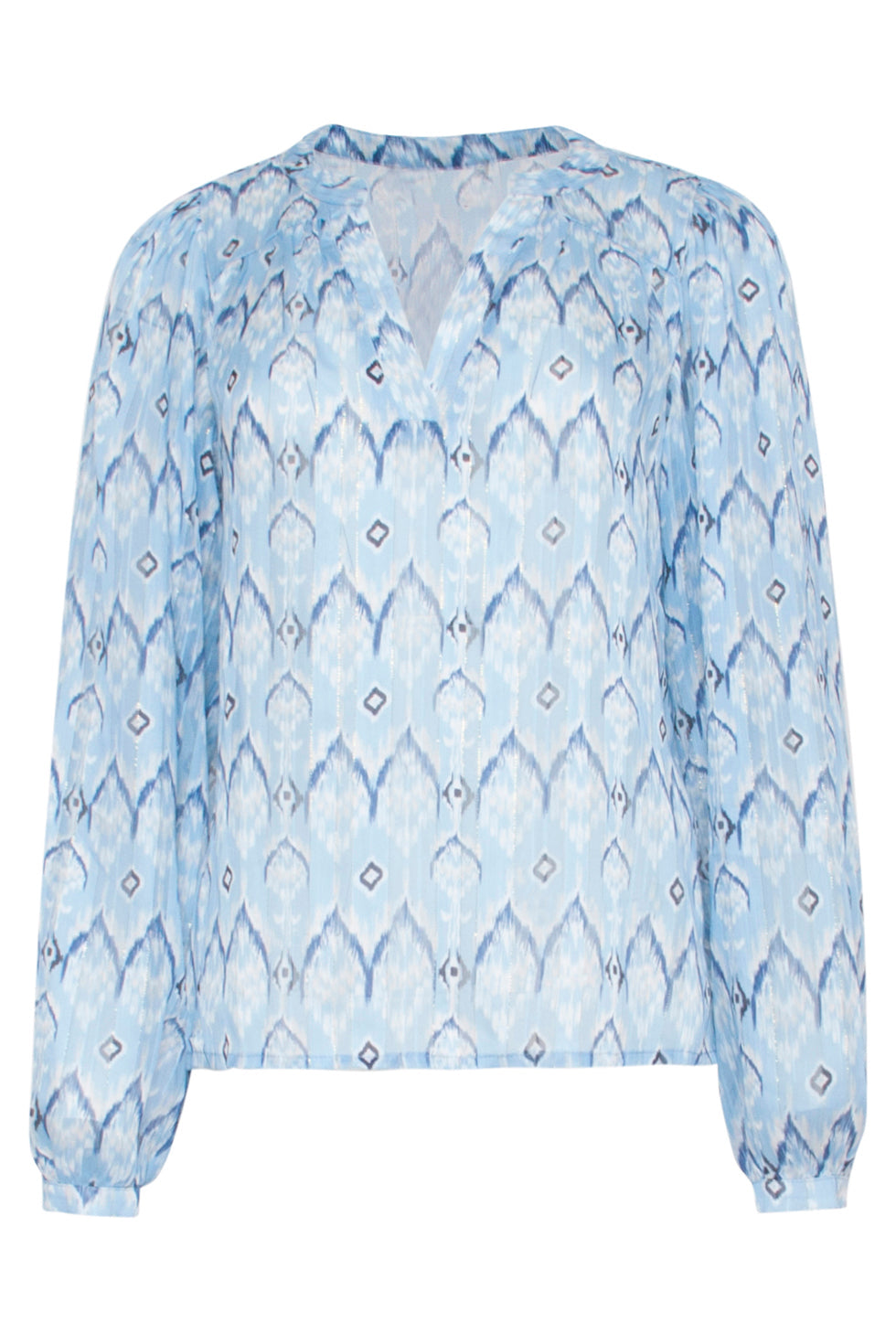 23556 Elegante Top Met Frisse Tribal Print | Light Blue - White