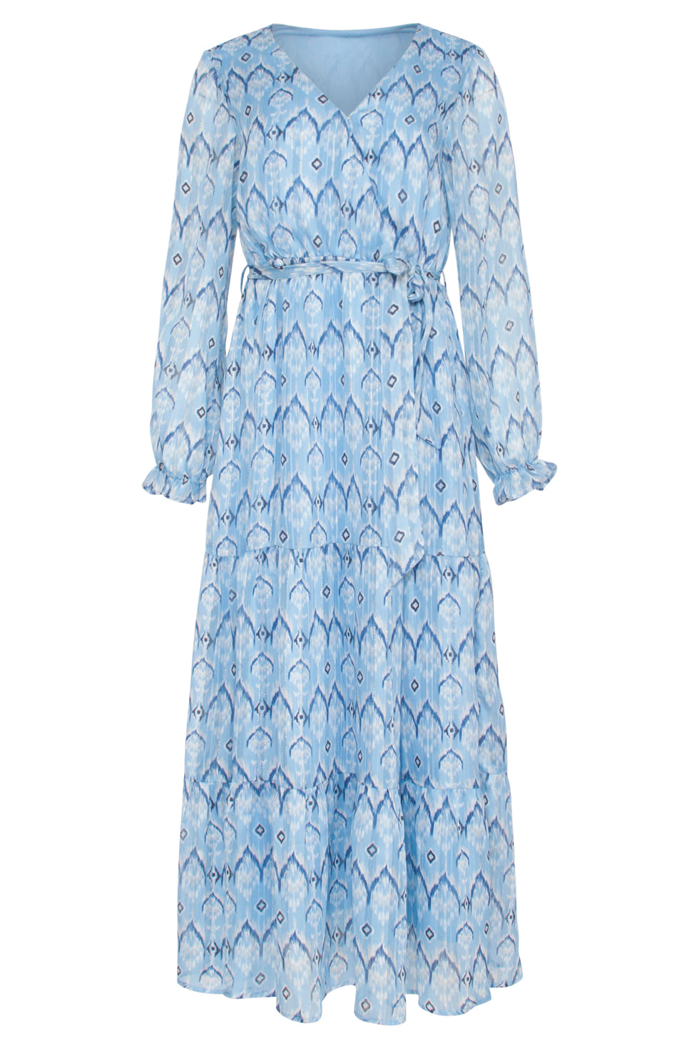 23557 Elegante Maxi Jurk Met Frisse Tribal Print | Light Blue - White
