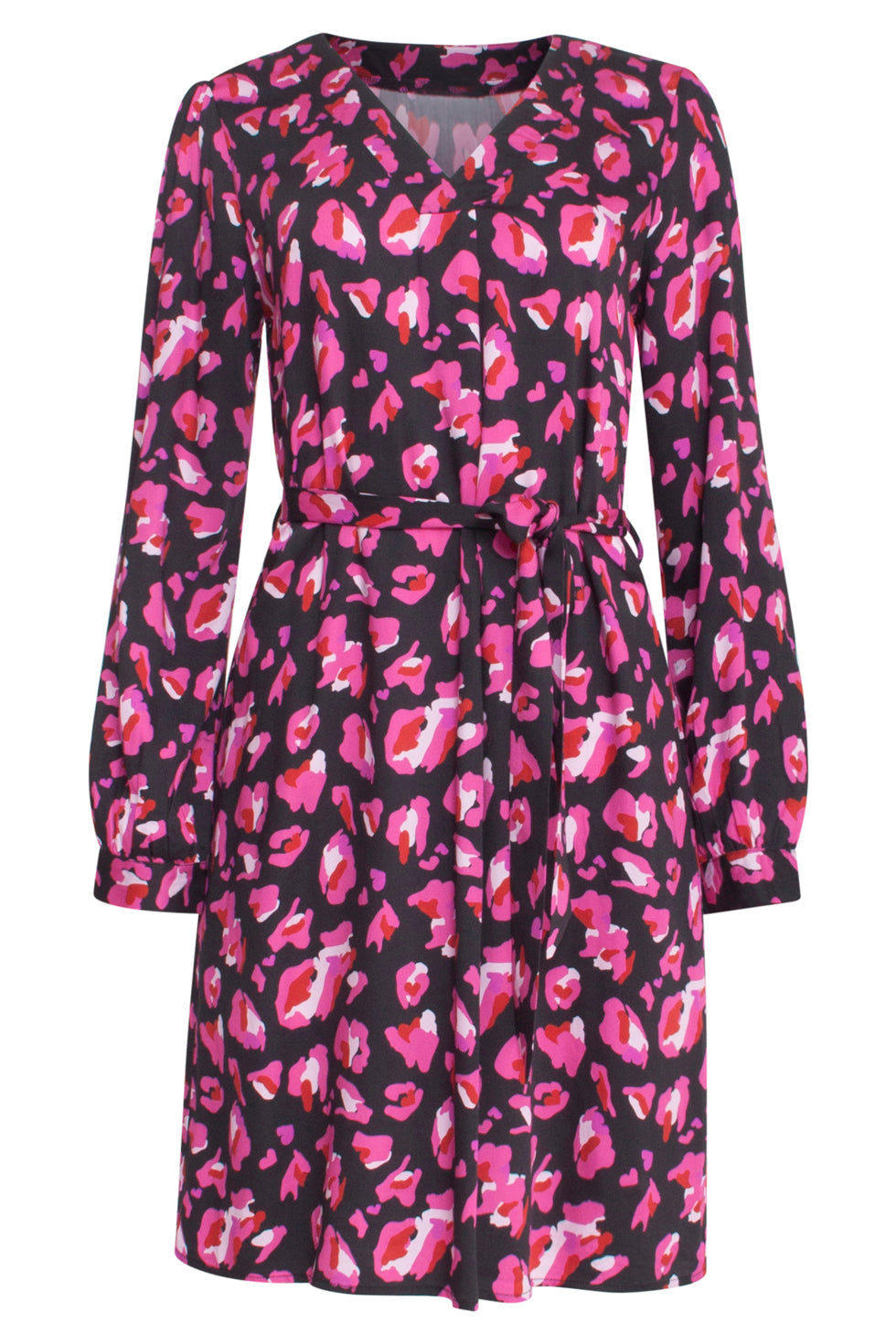23559 Losjes Gedrapeerde Jurk Met Speelse Dierenprint | Black-Fuchsia