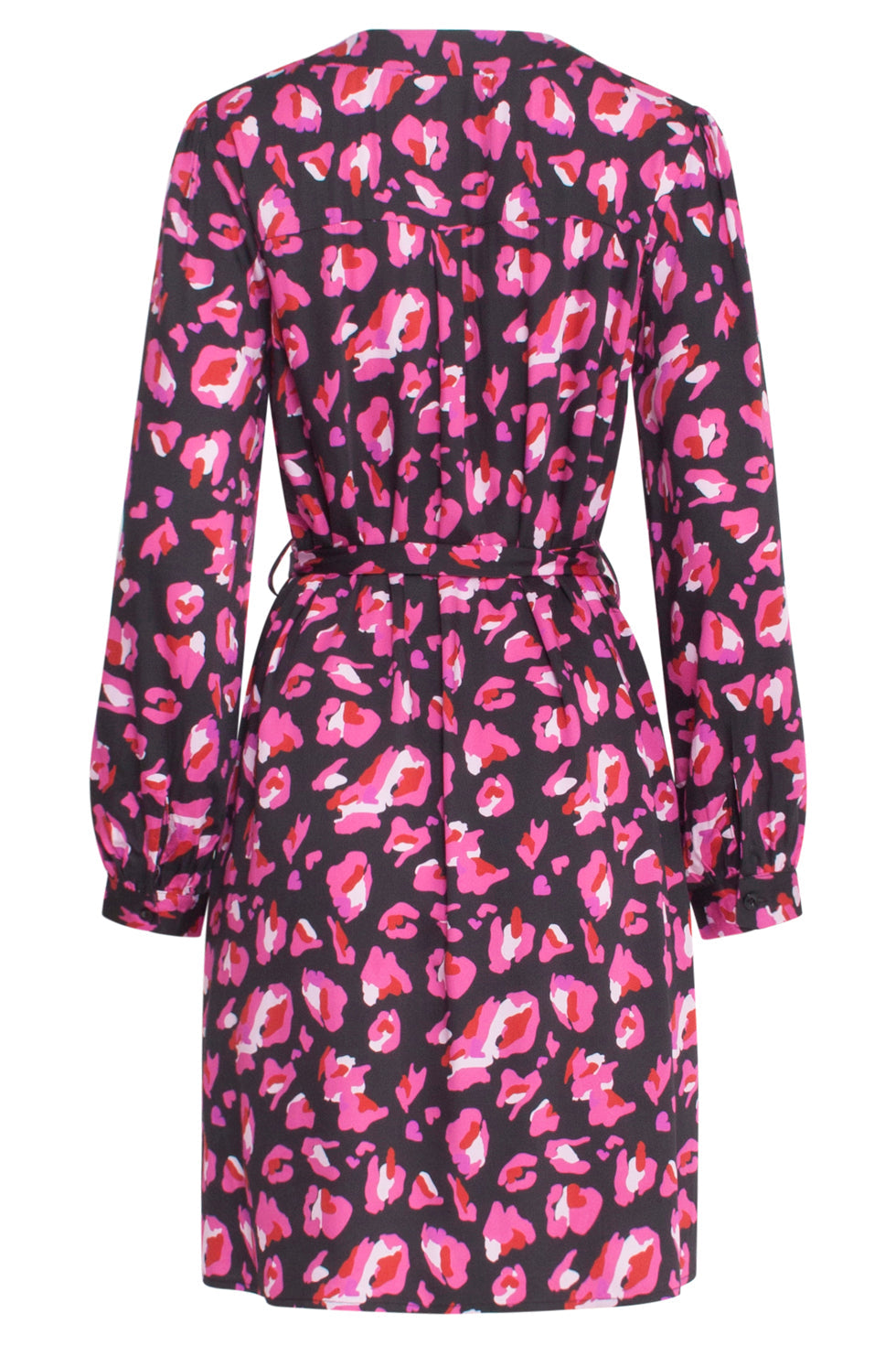 23559 Losjes Gedrapeerde Jurk Met Speelse Dierenprint | Black-Fuchsia