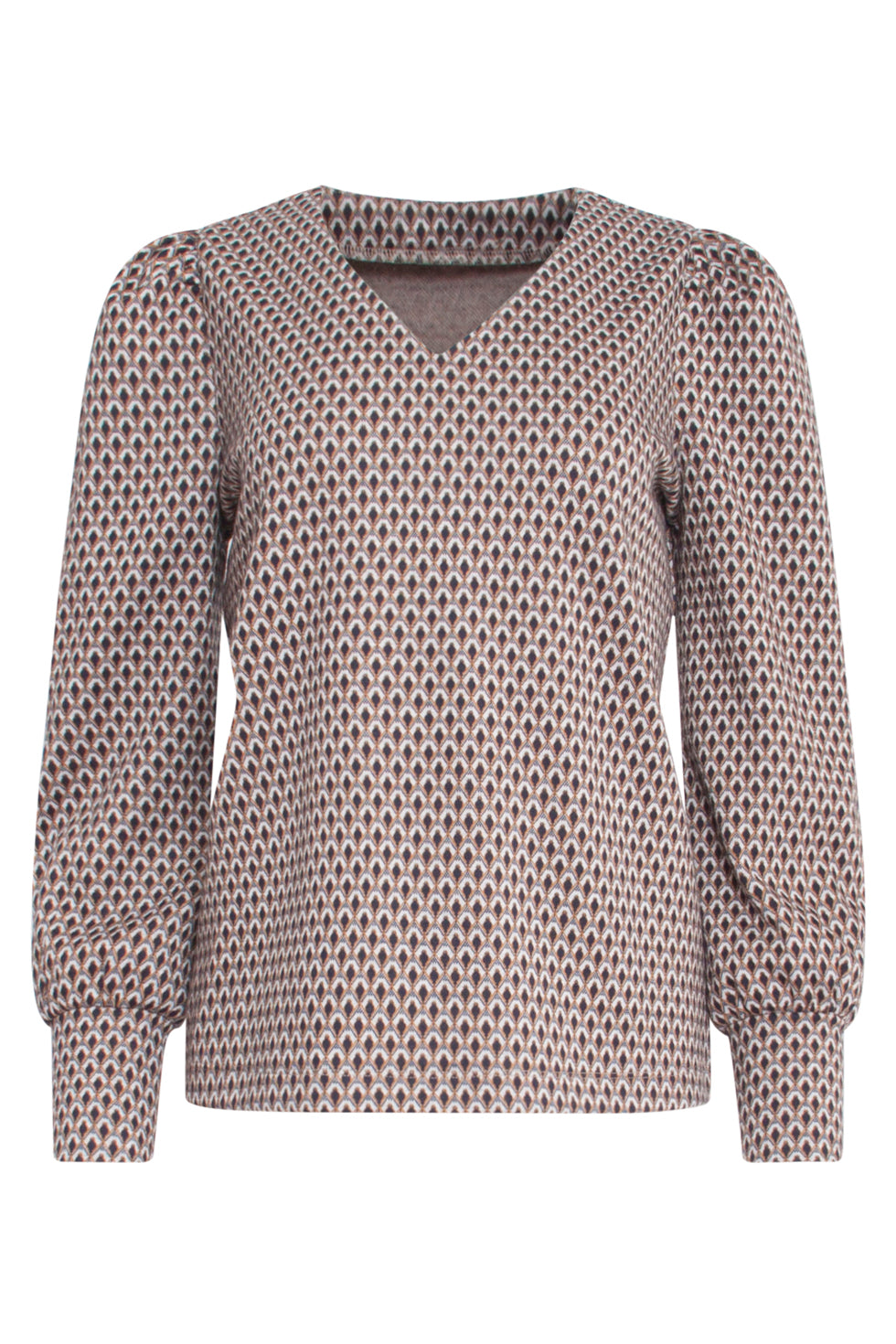 23570 Vintage V-Hals TopRetro Neutraal e Print | Black - Brown