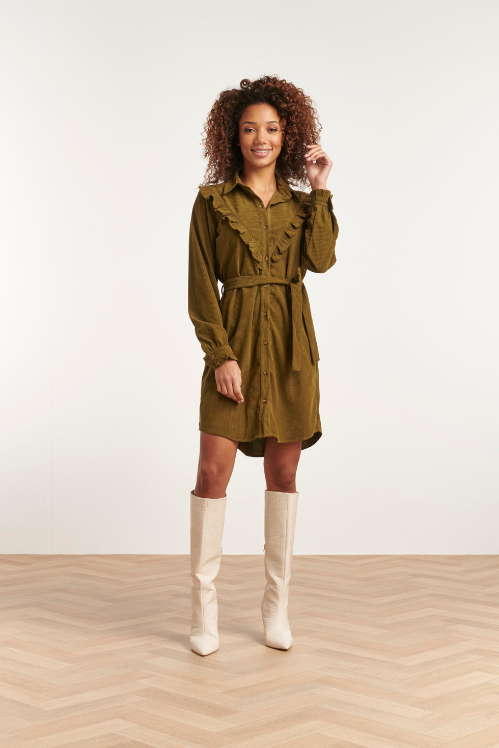 23582 Boho Western Corduroy Button Through Shirt Dress | Army