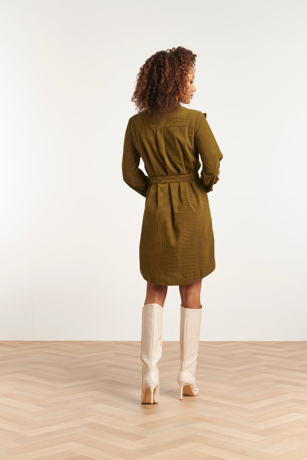 23582 Boho Western Corduroy Button Through Shirt Dress | Army