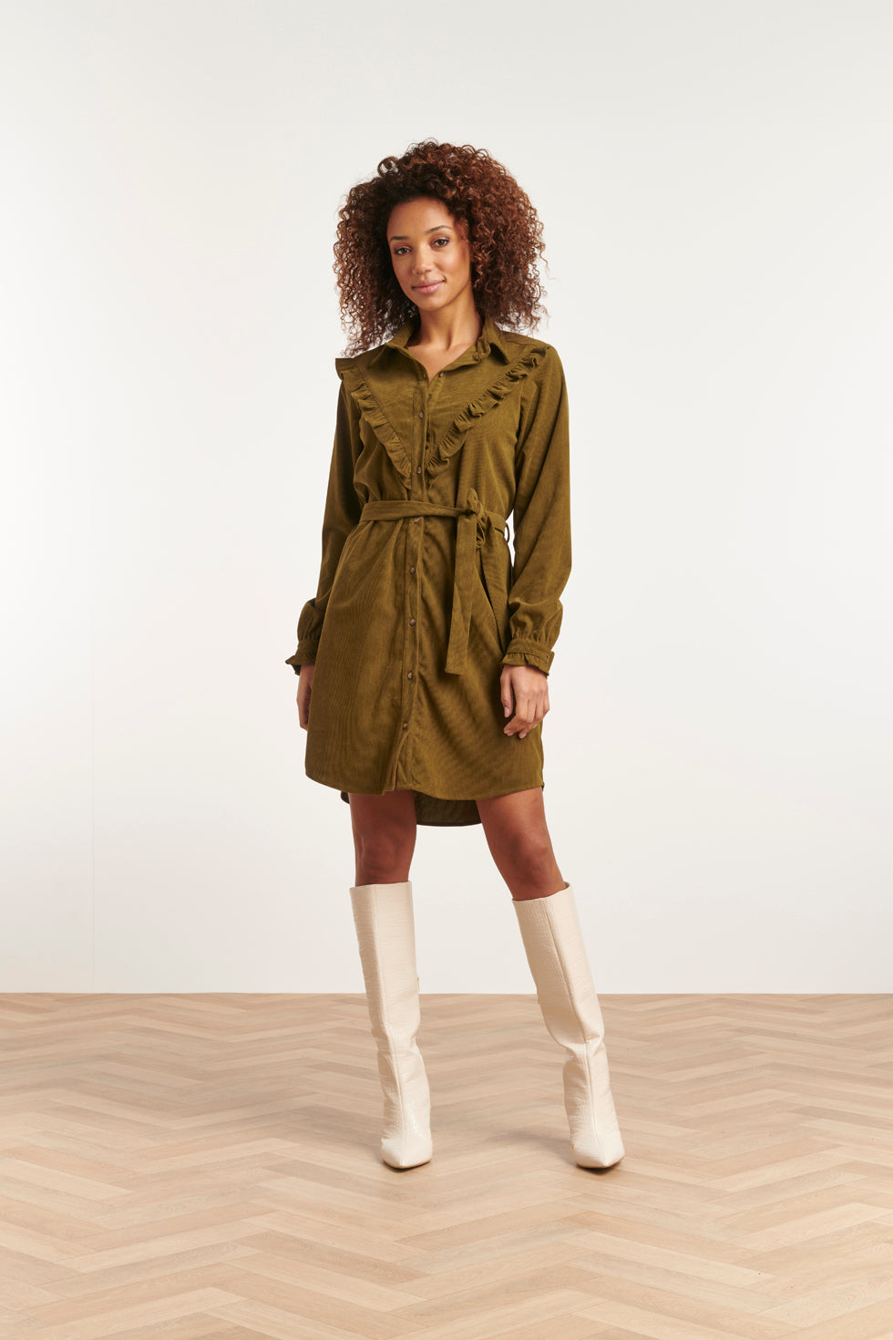 23582 Boho Western Corduroy Button Through Shirt Dress | Army