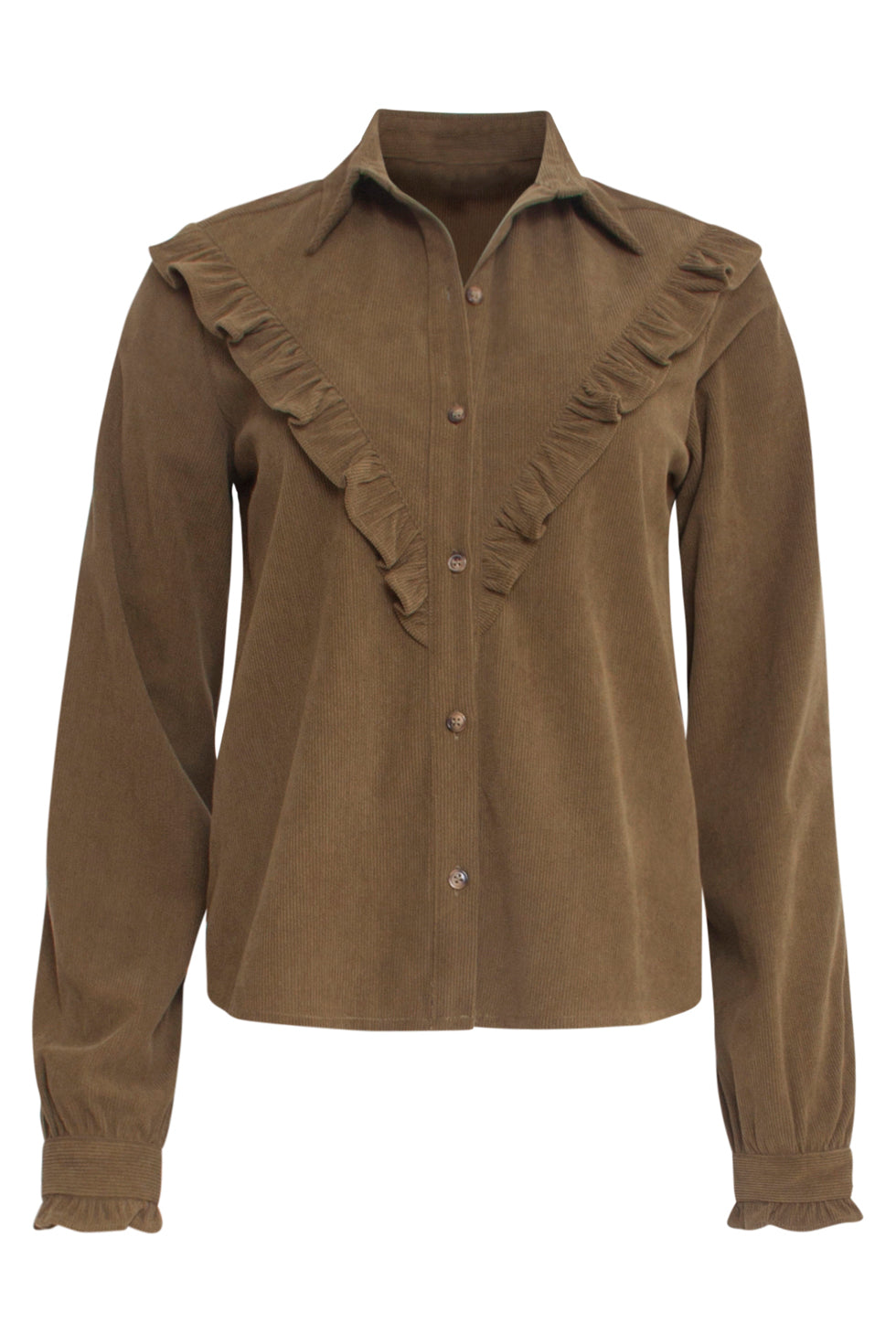23583 Boho Western Corduroy Blouse Met Ruffle Neckline | Army