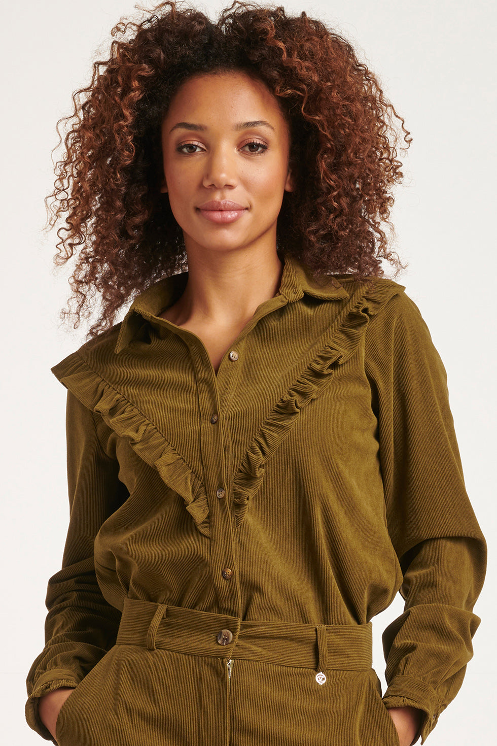 23583 Boho Western Corduroy Blouse Met Ruffle Neckline | Army