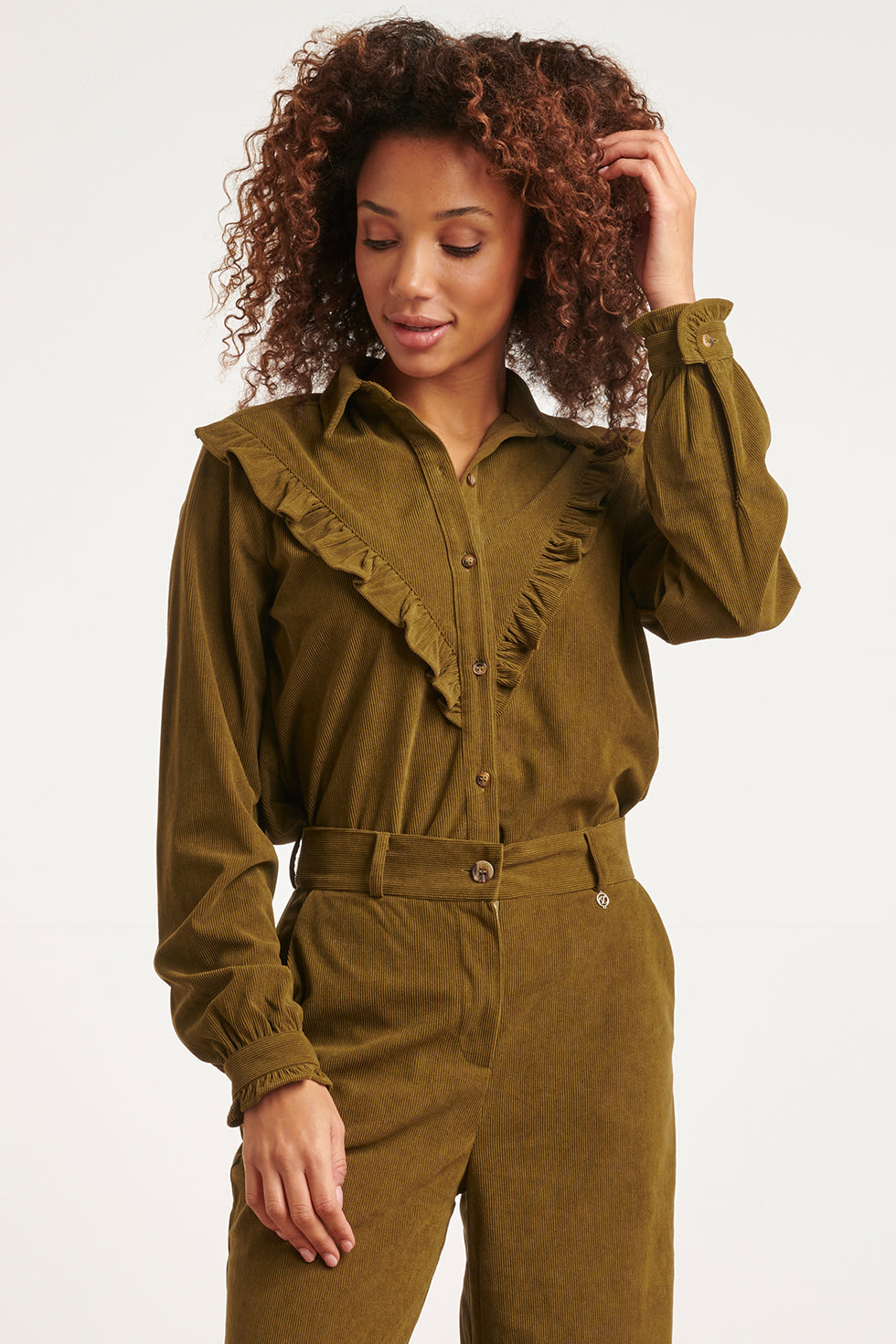 23583 Boho Western Corduroy Blouse Met Ruffle Neckline | Army