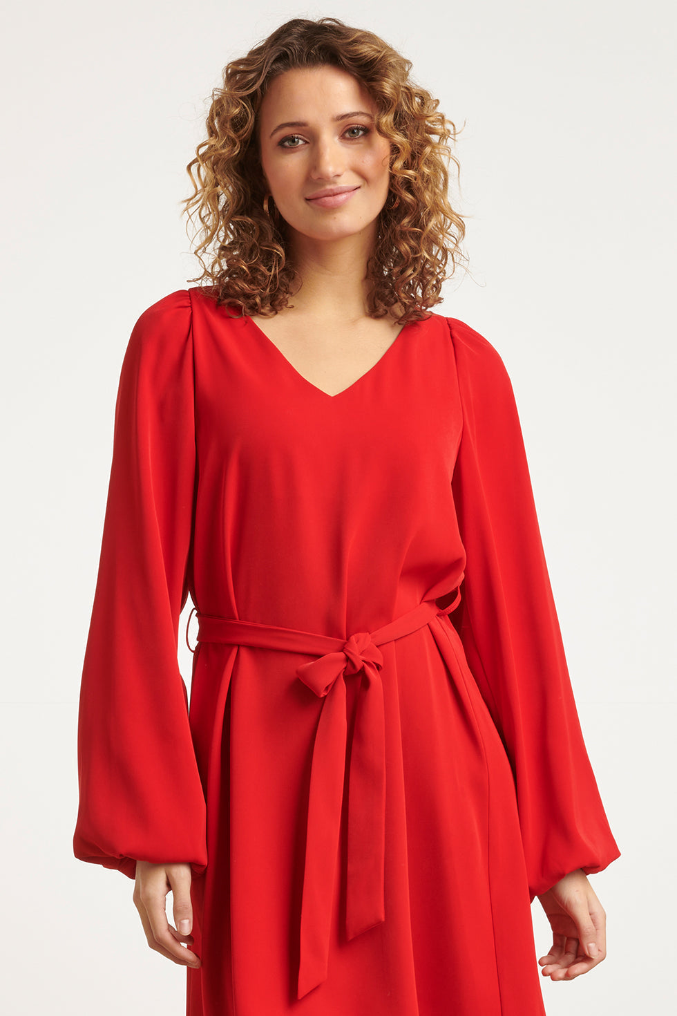 23587 Elegante V-Hals Jurk Met Ballonmouwen | Red