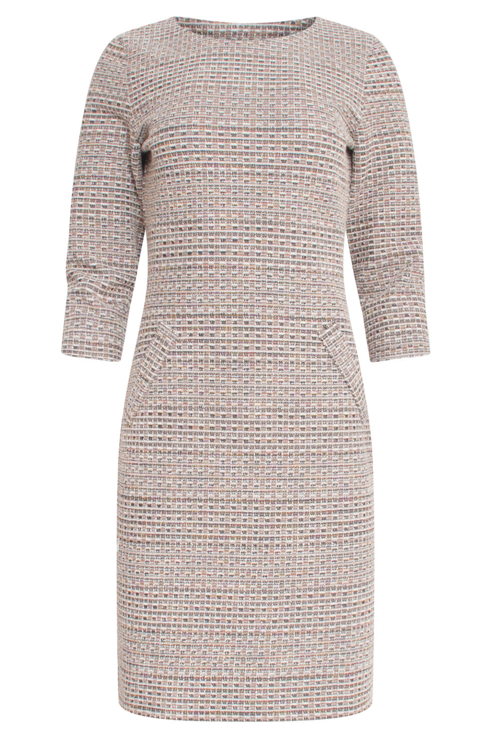 23593 Classic Round Neck Dress Met Tweed Effect | Sand-Multicolour