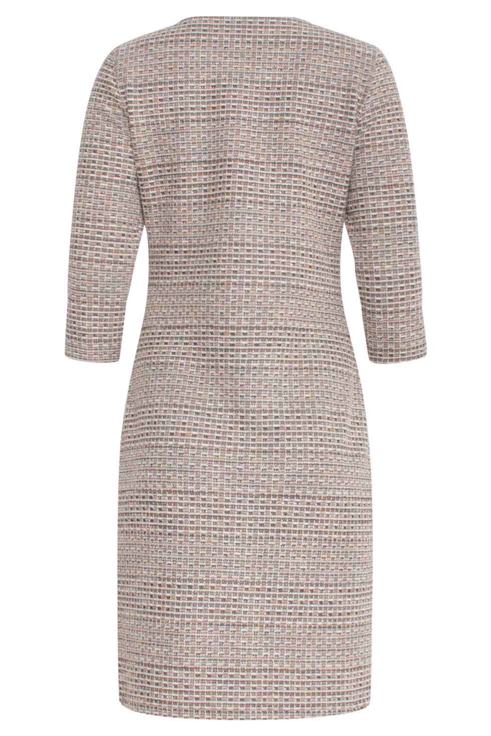 23593 Classic Round Neck Dress Met Tweed Effect | Sand-Multicolour