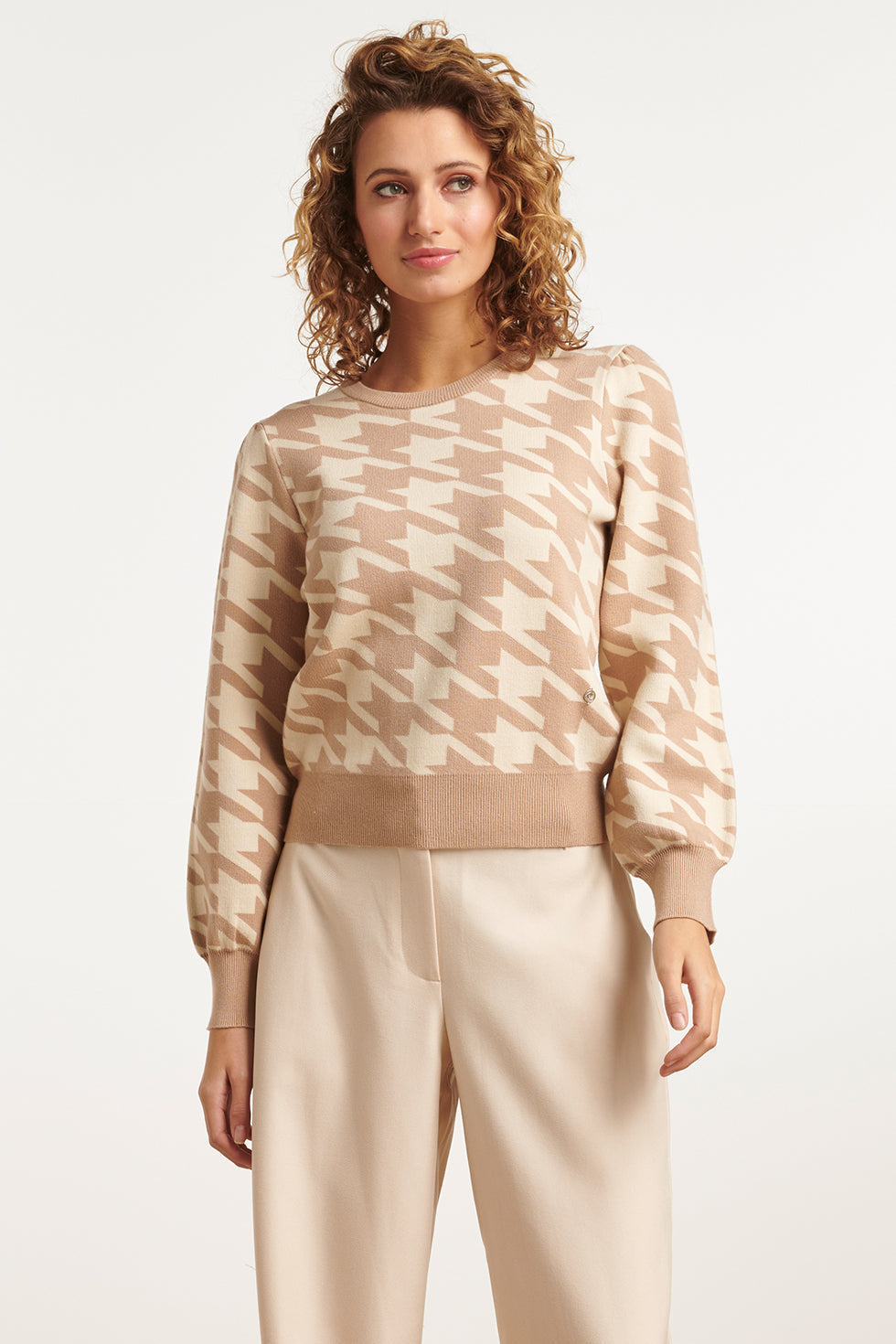 23596 Retro Pied-De-Poule Gebreide Top | Sand - Off White