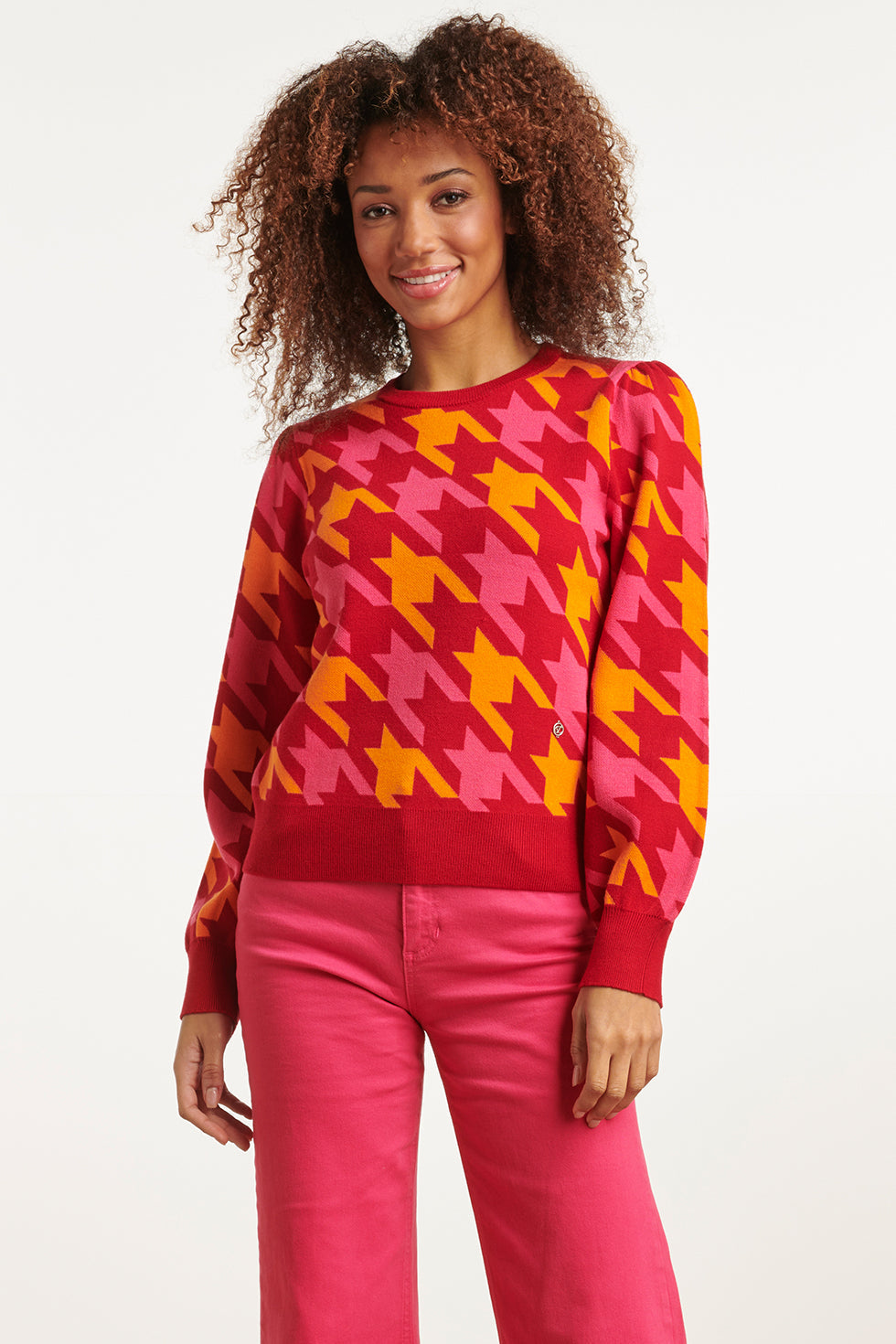23596 Retro Pied-De-Poule Gebreide TopLevendige en | Fuchsia - Red