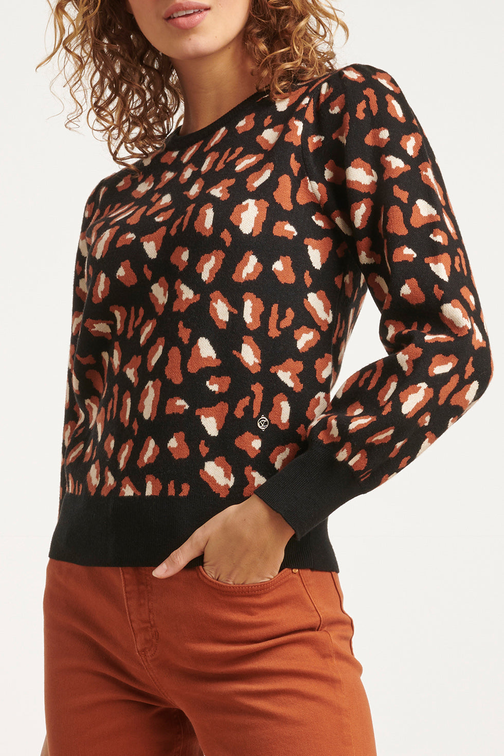 23598 Animal Print Gebreide Top Met Pofmouwen | Black - Brown